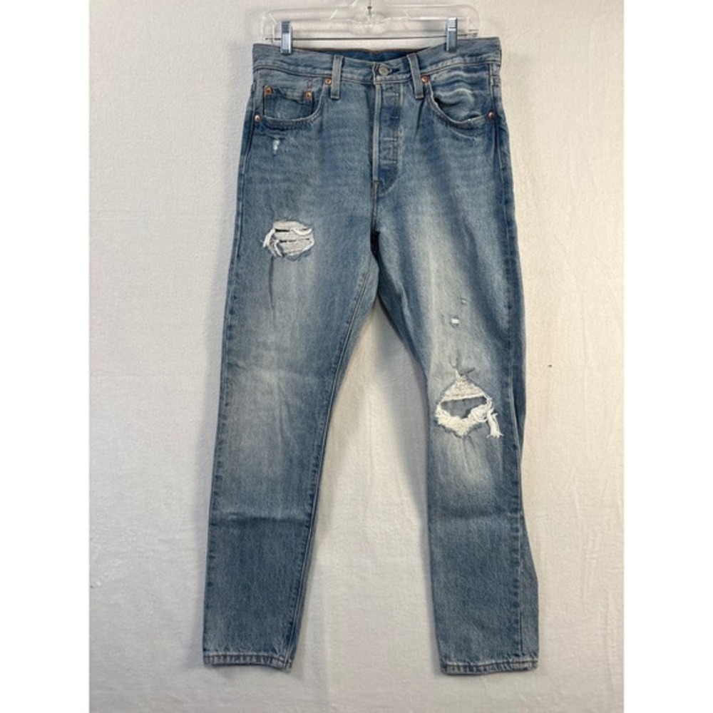 Levi's 501 Distressed Ripped Jeans Light Wash Denim Button Fly Size 30x27 - Picture 1 of 10